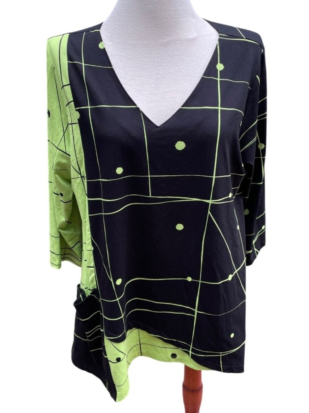 New Age V-Neck Tunic Top Black & Lime Green Geometric Print 3/4 Sleeve XL